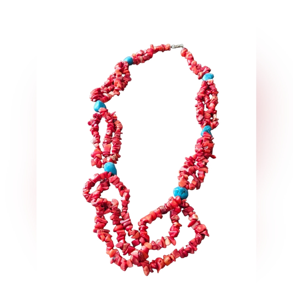 Red Coral Nuggets and Turquise Bead Necklace. Beautiful Statment Necklace.